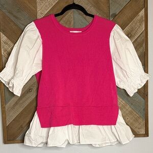 NWT Anthropologie Pink and White Puff Sleeve Blouse, size L